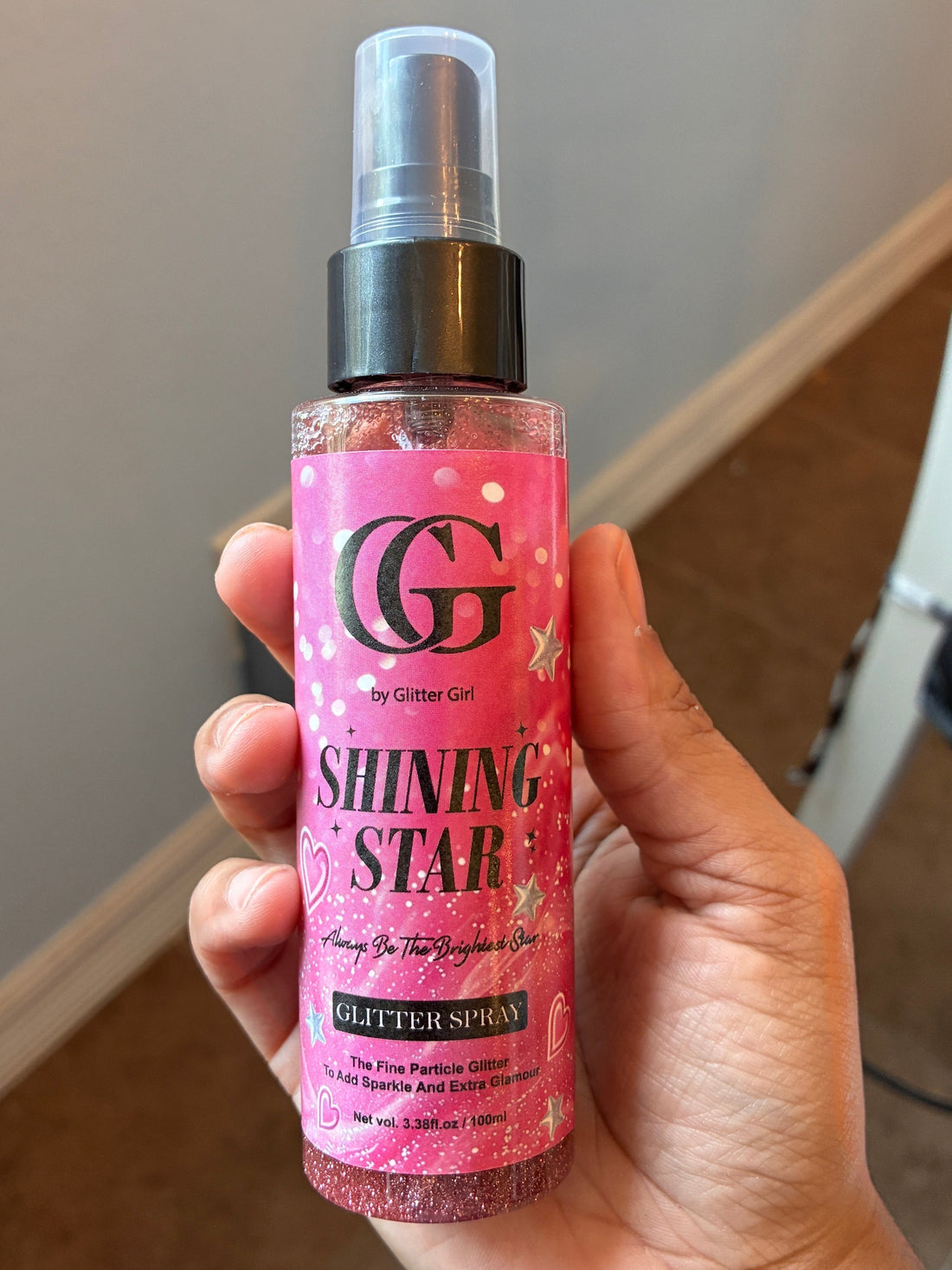 Shining Star Glitter Spray - Rose Gold Body Glitter Spray in a pink Glitter Girl branded spray bottle. 