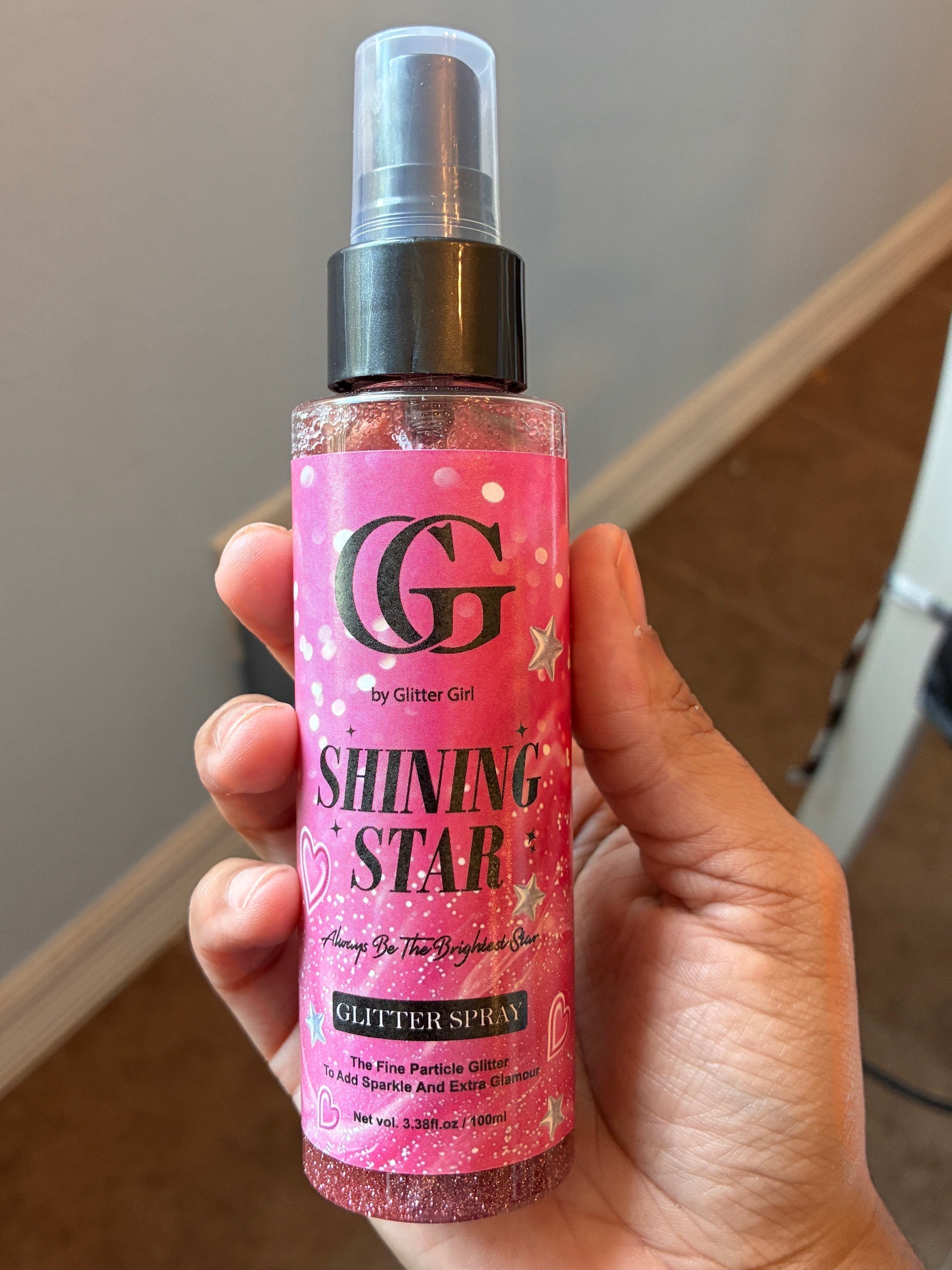 Shining Star Glitter Spray - Rose Gold Body Glitter Spray in a pink Glitter Girl branded spray bottle. 
