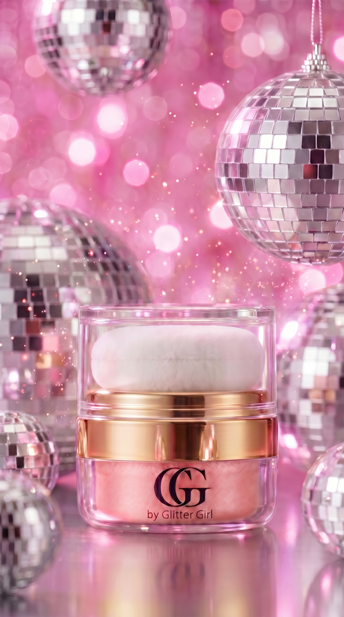  cosmetic jar with a white puff applicator, featuring a gold band and a pink shade visible through the clear container. The jar is set against a festive background of pink bokeh lights and silver disco ball ornaments.